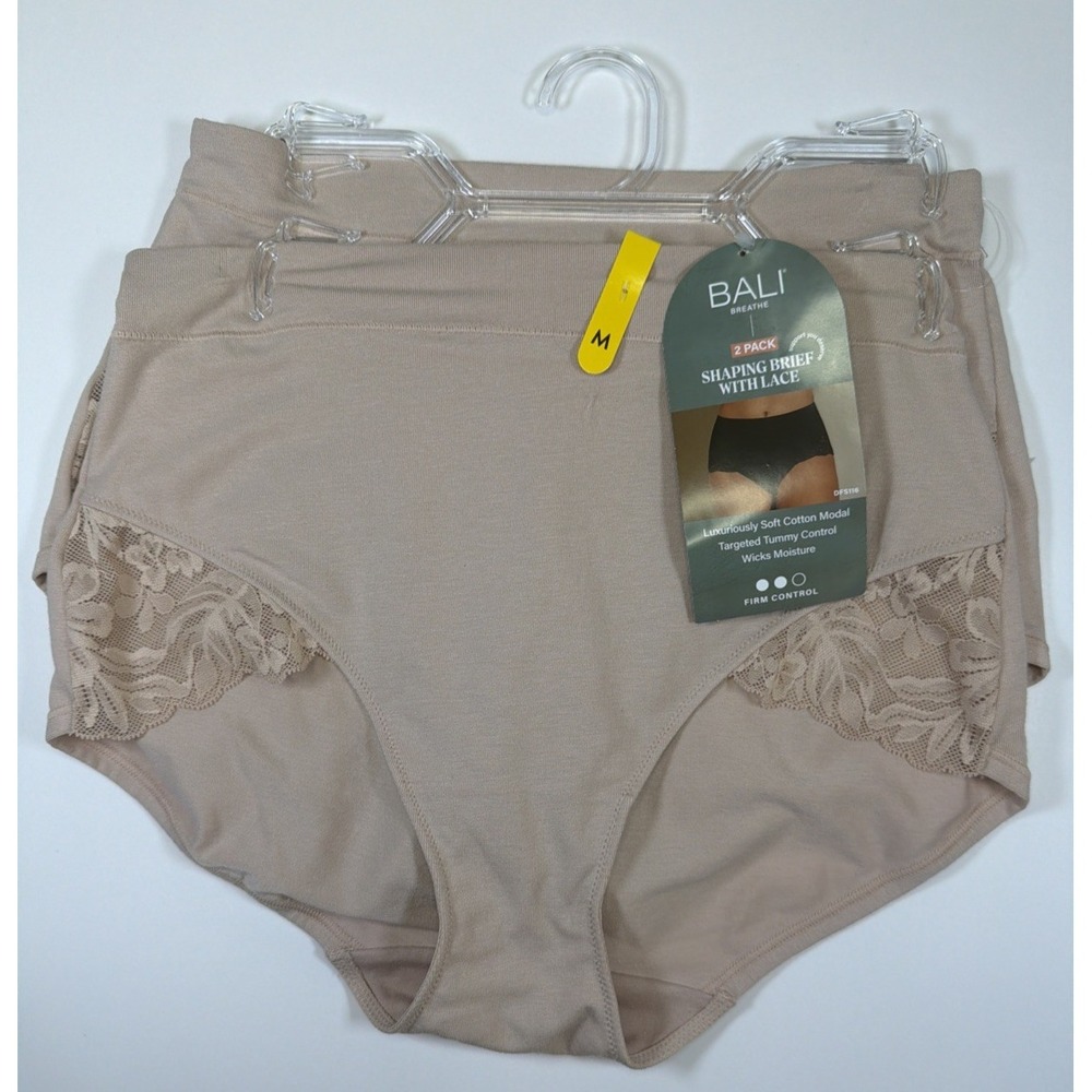 Bali Women's Breathe Shaping Brief w Lace 2 Pack Med Tan Underwear DFS116 New